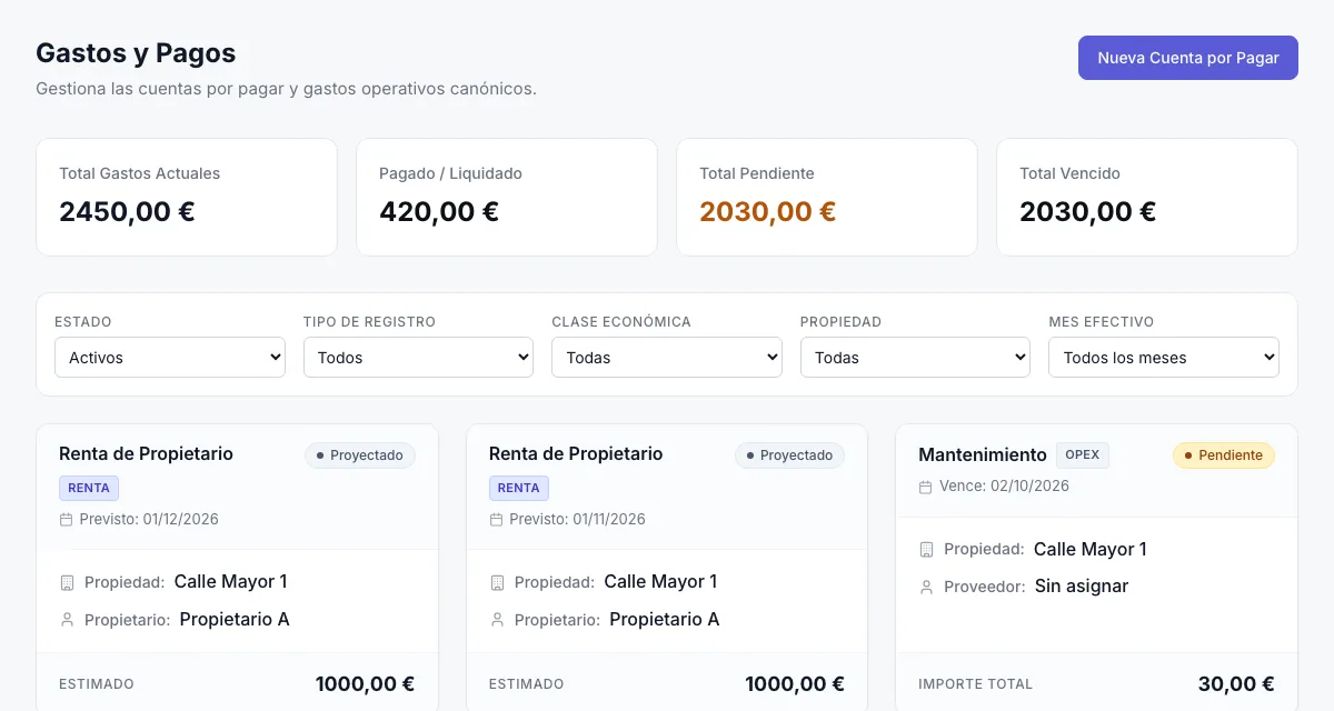 Listado de gastos y pagos en Nervalo con totales pendientes, vencidos y pagados