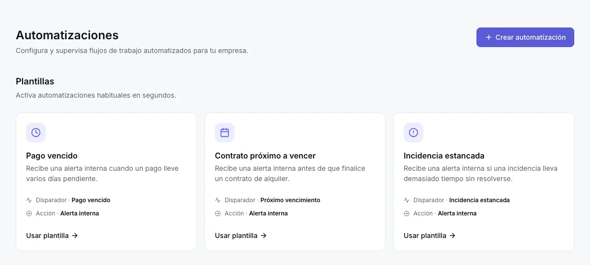Plantillas de automatización en Nervalo para pagos vencidos, contratos próximos a vencer e incidencias estancadas
