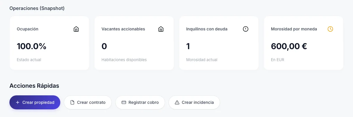 Indicadores operativos de Nervalo: ocupación, vacantes, inquilinos con deuda y acciones rápidas